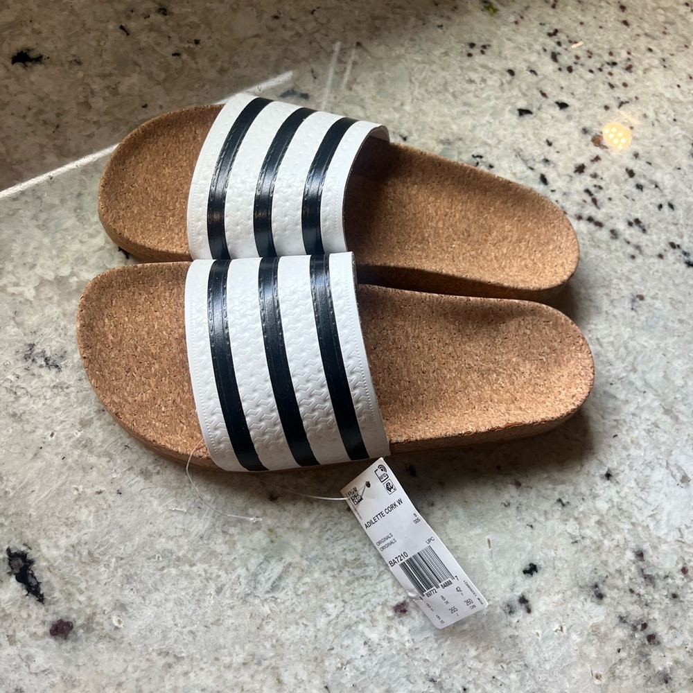Adidas Cork Slides Black & White Striped Slide Sandals